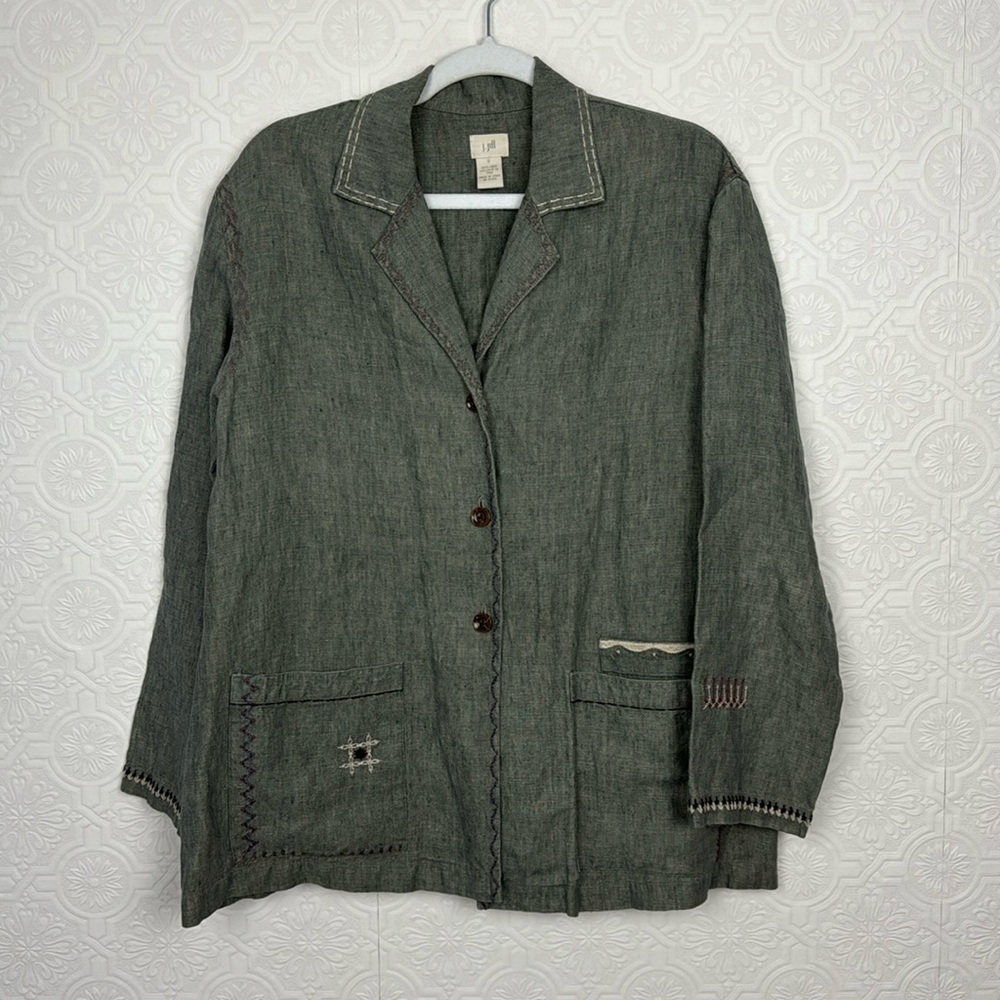 J Jill 100% Linen Patchwork Boxy Jacket Lightweight Grey Earthy Embroidered Art